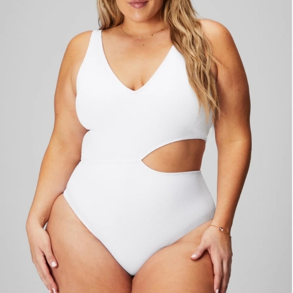 Fabletics- Asymmetrical Cutout Shaping White Ribbed One-Piece Swimsuit, Size 4X